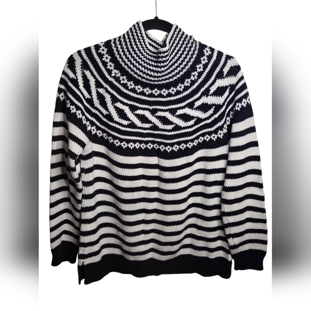 Talbots Womens Large Black White Cotton Blend Nordic Fair Isle Mock Neck Sweater